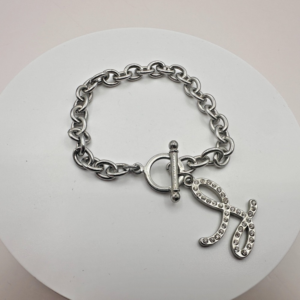 Vintage 90s Silver Tone Bracelet Script Initial Charm Glass Accents Jewelry